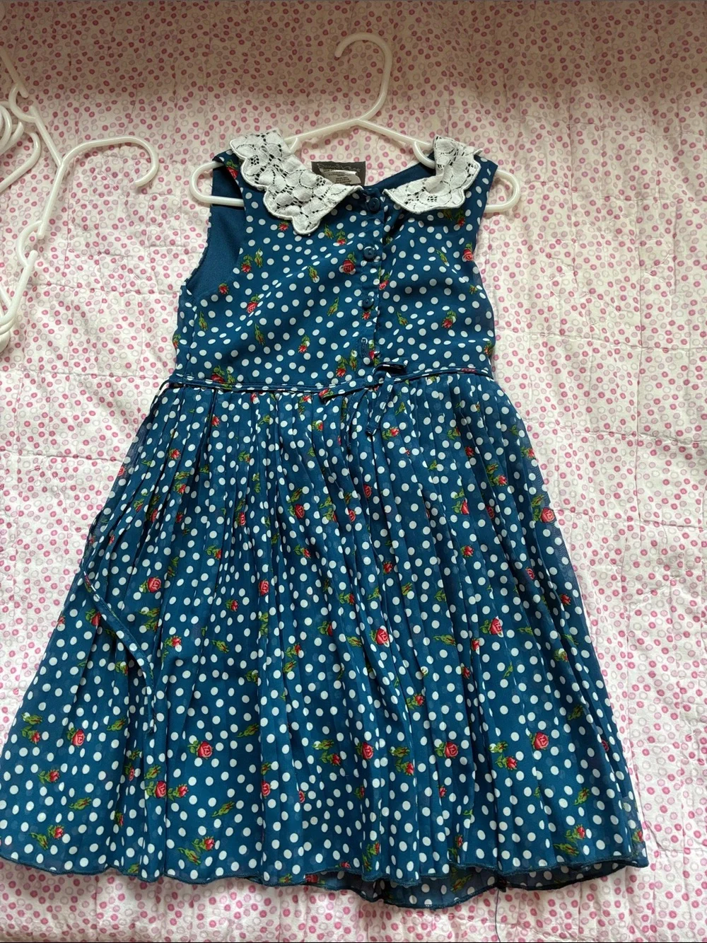 Emily Rose Navy Blue Polka Dot Dress with White Lace Collar and Red Rose Print